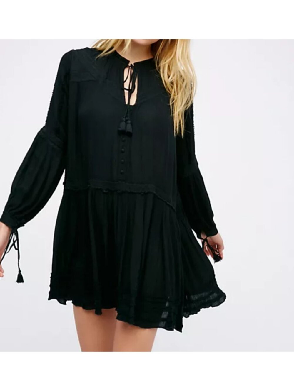 Free People Feelin Moody Mini Dress Black Long Sleeve Flowy Boho Whimsigoth S